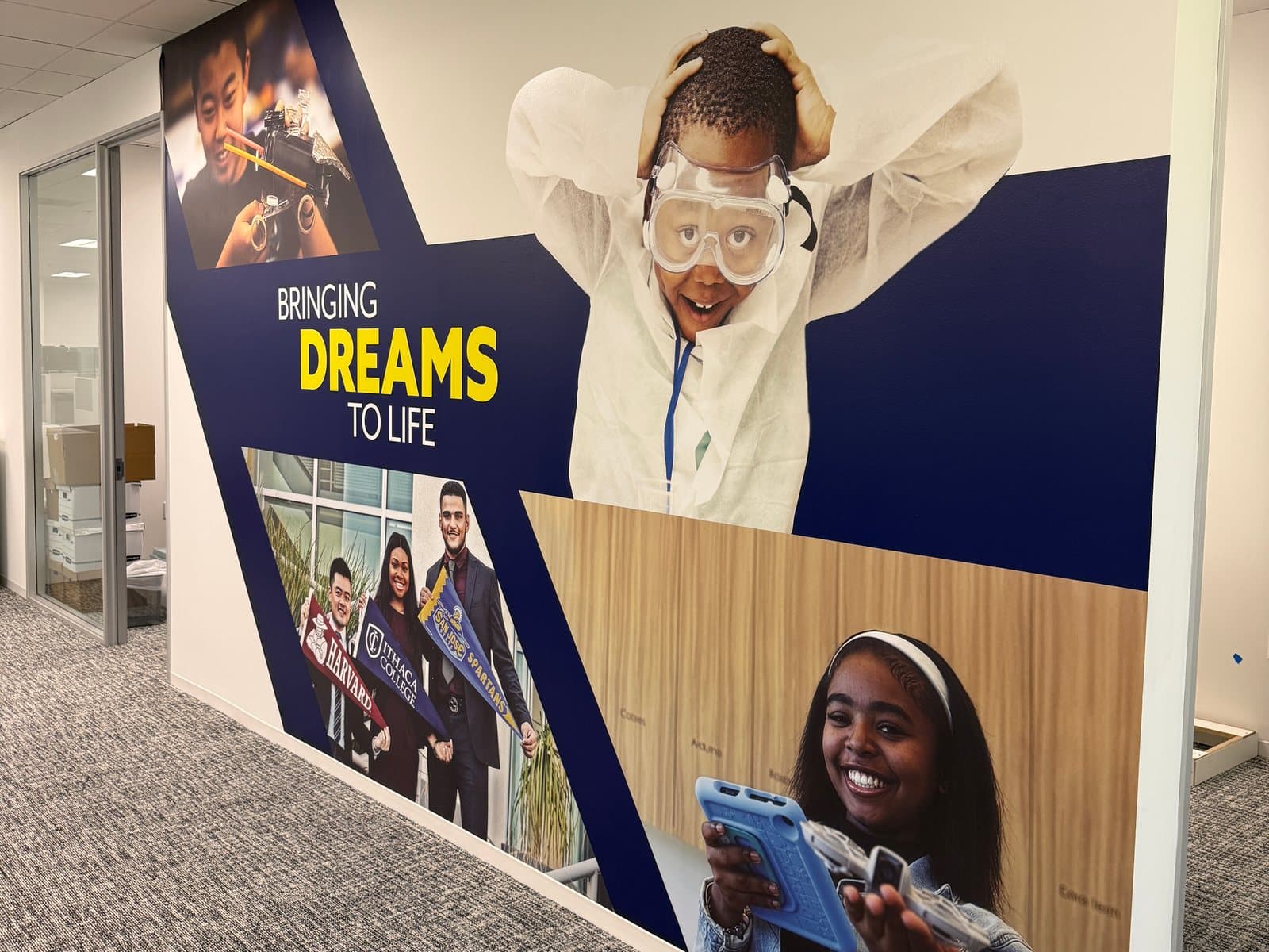 Bringing Dreams to Life wall graphic with photos of students